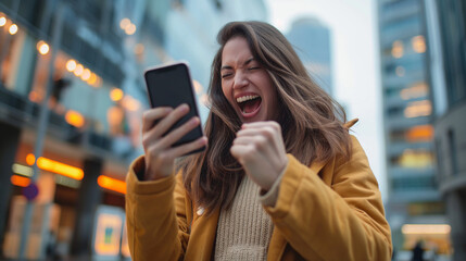 Fototapeta premium Woman celebrating success while looking at her smartphone, expressing joy with a fist pump. A modern cityscape in the background enhances the dynamic and triumphant energy.