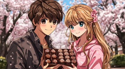 Anime Couple Sharing Chocolates Under Cherry Blossoms.