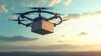 Aerial drone food drop-off concept, showing a sleek design with a package in transit