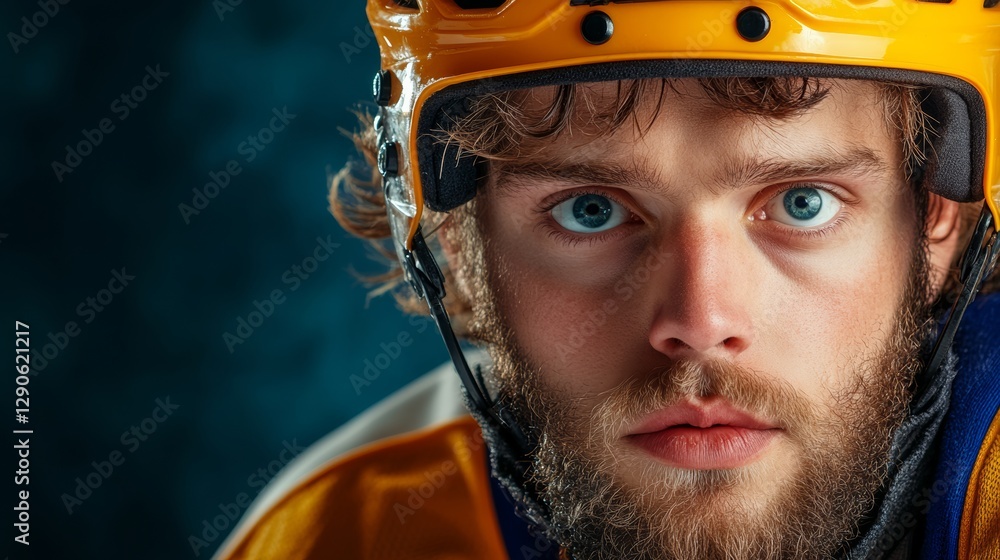 Poster man with a yellow helmet and a beard. he is looking at the camera