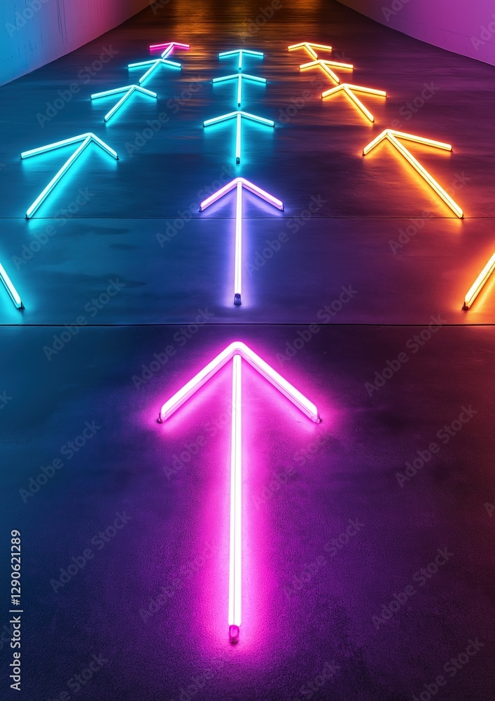 Poster group of neon lights arranged in a grid-like pattern on a dark floor. the lights are in different co