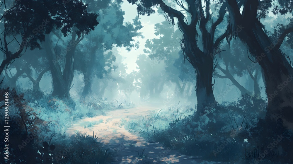Poster mystical forest path, serene and foggy atmosphere, dense trees with soft light filtering through, pe