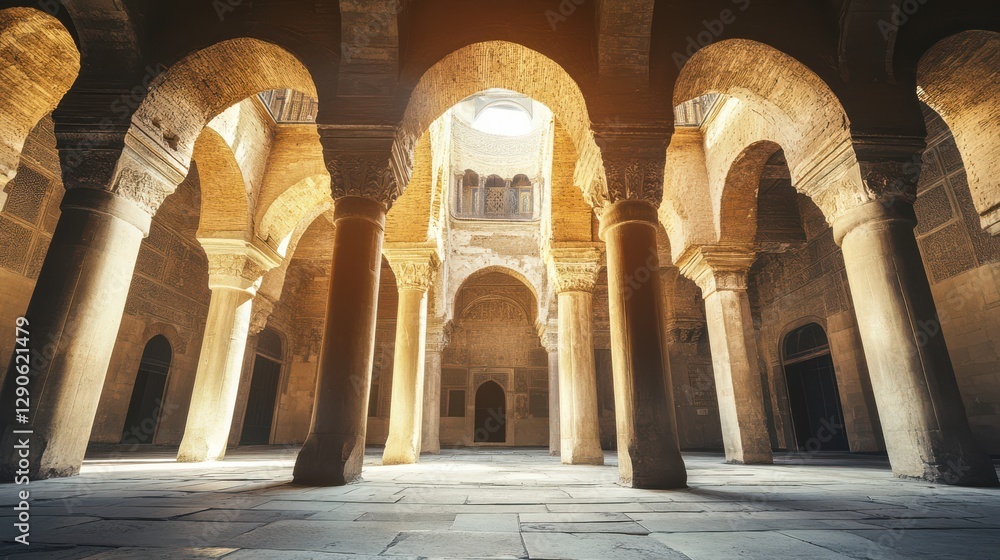 Poster ancient architectural marvel with arched structures and columns