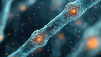 Microscopic Neuron with Glowing Nodes and Particles Teal and Orange Palette