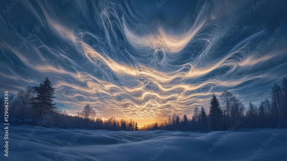 Poster a majestic display of cirrostratus clouds forming an intricate web-like pattern across the sky, thei