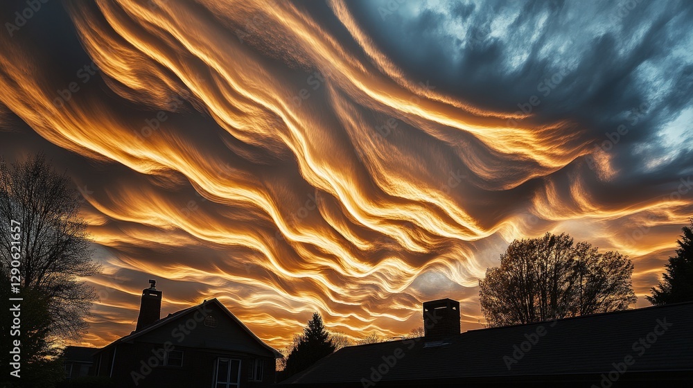 Poster a majestic display of cirrostratus clouds forming an intricate web-like pattern across the sky, thei