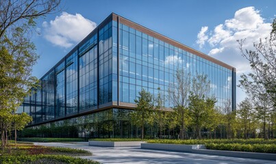 Obraz premium Modern glass building with green trees and blue sky in the background, featuring an eco-friendly office environment. The architecture is sleek and contemporary