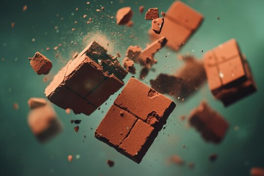 Close-up image of red bricks falling apart, suggesting demolition or construction breakdown.