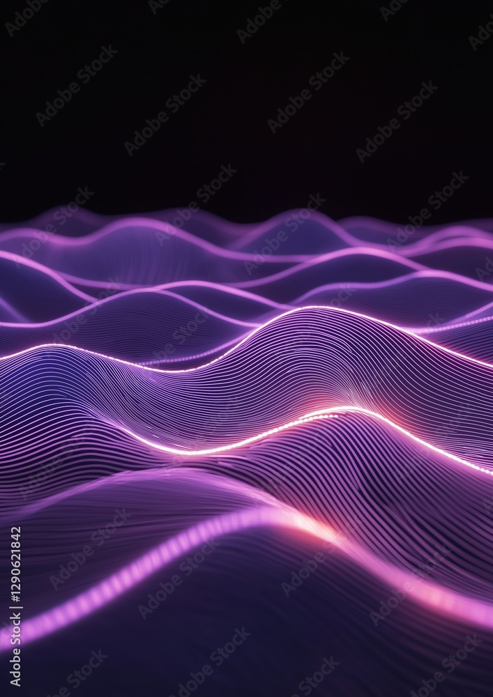 Poster abstract digital art piece with a dark background. it features a wave-like pattern of wavy lines in 