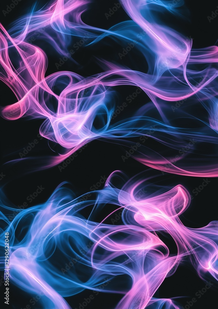 Poster abstract digital art piece with a black background. it features a series of wavy lines in different 