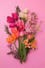 Obraz premium A bouquet of flowers is arranged in a vase on a pink background. The flowers are of various colors and sizes, creating a vibrant and lively atmosphere. The arrangement is a beautiful