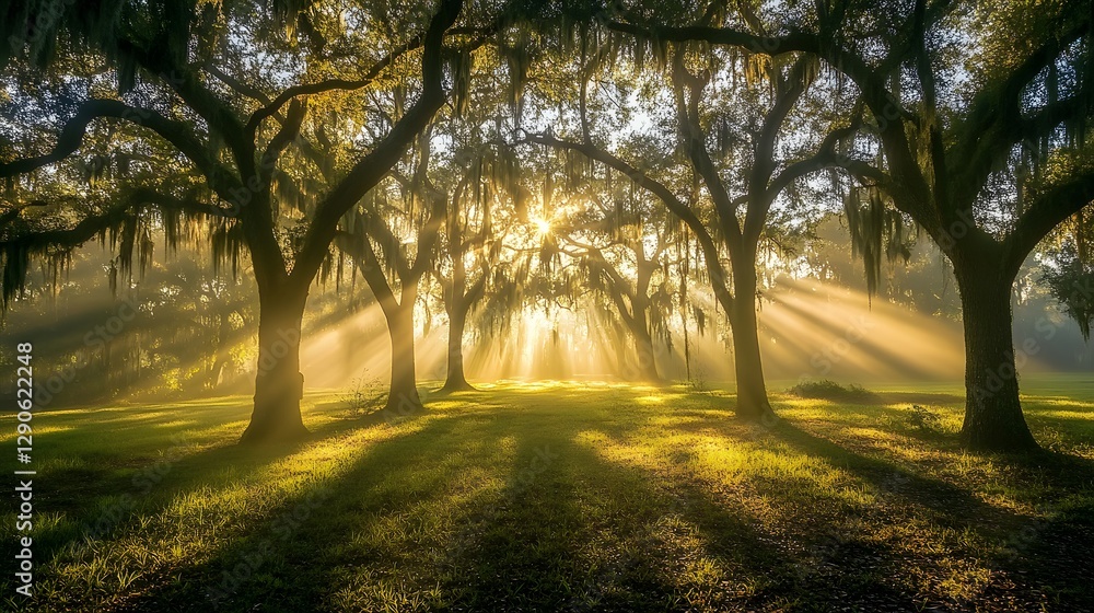 Poster serene forest pathway, sunbeams filtering through lush trees, creating a mystical atmosphere, perfec