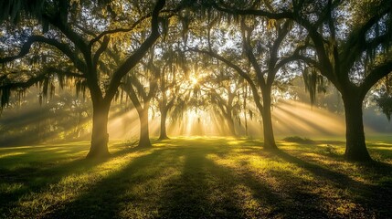 Obraz premium Serene forest pathway, sunbeams filtering through lush trees, creating a mystical atmosphere, perfect for nature-themed content.