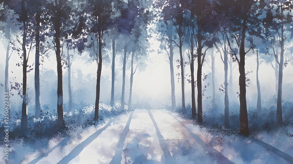Poster misty forest path, serene scene with tall trees and soft light, inviting atmosphere for reflection a