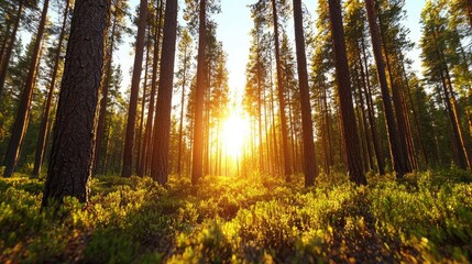 Fototapeta premium Sunlight streams through pine trees in a forest. Possible use Nature photography showcasing the beauty of a forest