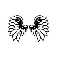 Symmetrical, Black and White Vector Illustration of an Angel Wing, Featuring Detailed, Feathered Design on White.