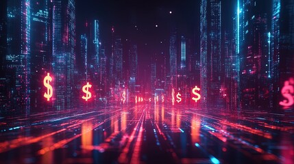 Business growth abstract background, with ascending graphs, glowing dollar symbols, and futuristic buildings 
