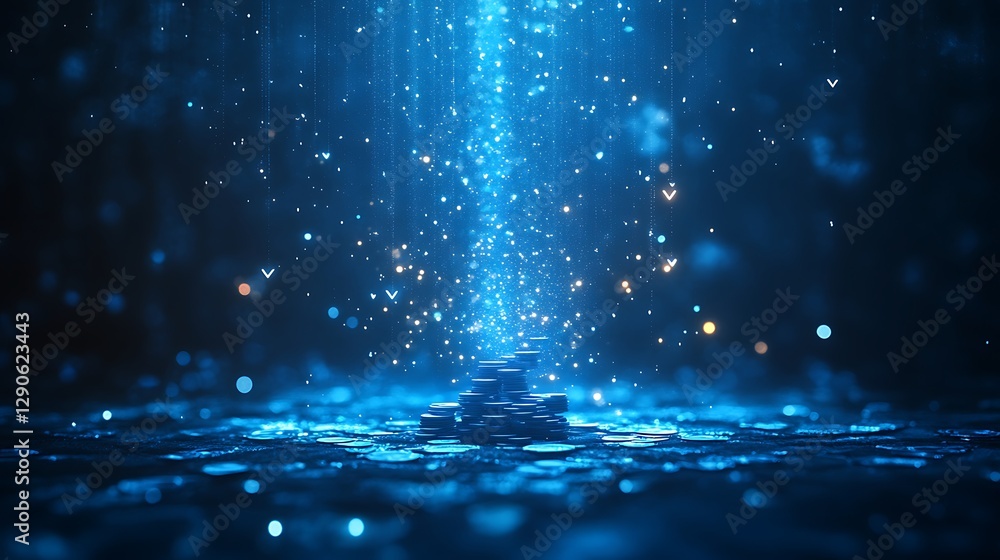 Poster digital stack of coins in blue light, a stack of coins illuminated by a blue digital background with