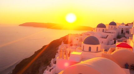 Greek coastal sunset whitewashed domes scenic Mediterranean vantage capturing warm sea glow