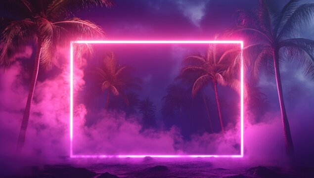 Neon frame, tropical night, smoke, beach