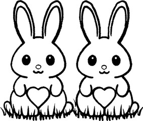Obraz premium Cute cartoon rabbits sitting in grass with hearts. Perfect for spring
