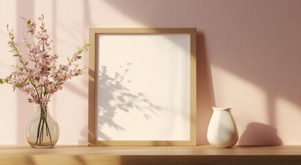 A simple wooden frame rests on a console alongside a vase of flowers, casting soft shadows in warm evening light
