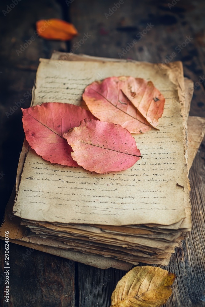 Aufkleber pages of old letters adorned with colorful autumn leaves creating a warm and nostalgic atmosphere in