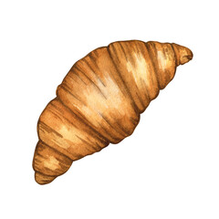 Watercolor png illustration: ruddy sweet croissant with cinnamon and almond cream. Hand drawn isolated object on transparent. Element for design menu café, coffee house, bakery, flyer, advertising