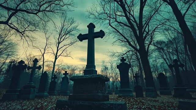 Eerie graveyard at dusk with silhouettes of tombstones and a prominent cross in a deserted woodland area