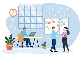 Business female and male characters working together