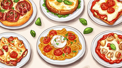 Cartoon Italy food cards cuisine delicious homemade cooking fresh traditional Italian lunch vector illustration.