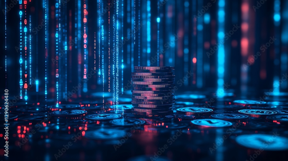Poster digital stack of coins in blue light, a stack of coins illuminated by a blue digital background with