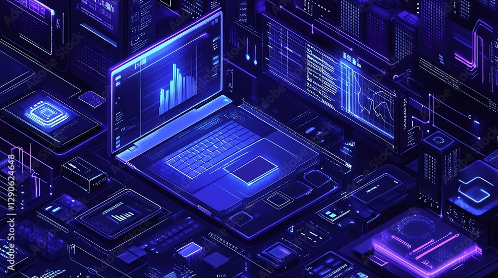 Poster futuristic laptop with data visualizations, a futuristic laptop with glowing graphics and data visua