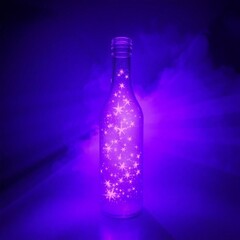 Bottle with stars inside, bright purple, high contrast, visible rays of light through dust or fog
