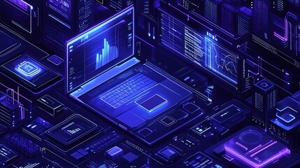 Obraz premium Futuristic Laptop with Data Visualizations, A futuristic laptop with glowing graphics and data visualizations, set against a dark background
