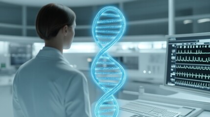 Scientist observing holographic DNA strand in futuristic lab set