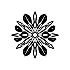 Intricate black and white design depicting a symmetrical, floral-like pattern in a minimalist style.