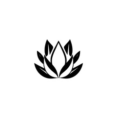 A stark black lotus flower icon on a white background, minimalist design with a strong visual presence, and a focus on elegance.