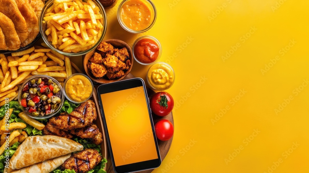 Poster digital food ordering concept with a smartphone displaying meal choices on a bright background