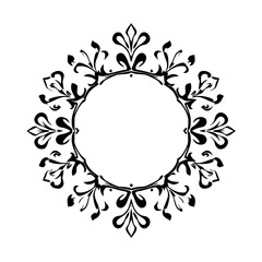 Intricate ornamental circular frame design, with a black and white,  monochrome aesthetic, featuring an open circle in the center, ideal for borders or fills.