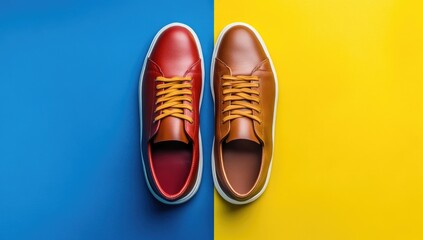 Two colorful leather sneakers on a blue and yellow background