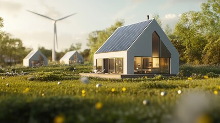 Obraz premium The development of energy-efficient homes equipped with solar panels, wind turbines, and other renewable energy systems to reduce their environmental impact.