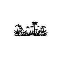 Black silhouette of palm trees, with low grass, on a white background.