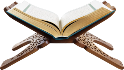 Open Quran on Ornate Wooden Stand Islamic Holy Book Religious Text Scripture