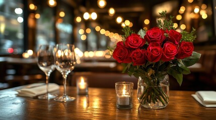 Obraz premium Romantic dinner roses restaurant