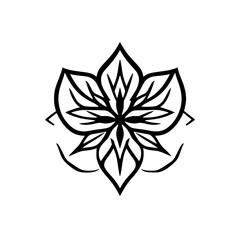 Black and white minimalist floral illustration of a symmetrical, star-like, symmetrical flower, with a simple design.