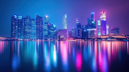 Fototapeta premium Singapore's skyline glows with vibrant lights at night, creating stunning reflections in the water below, showcasing modern architecture