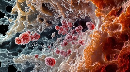 A microscopic view of red and white blood cells moving through a capillary, highlighting their roles in oxygen transport and immunity.