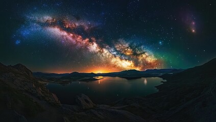 Fototapeta premium Milky Way panorama over mountain lake sunrise
