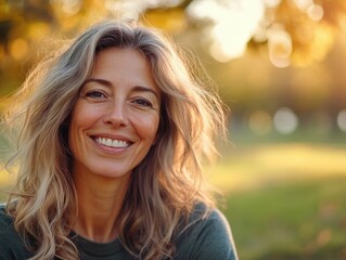 Obraz premium Happy middle-aged female enjoying a sunny day outdoors.